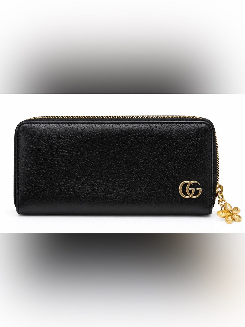 Gucci Black Pebble Leather Zip Card Holder with Gold Hardware